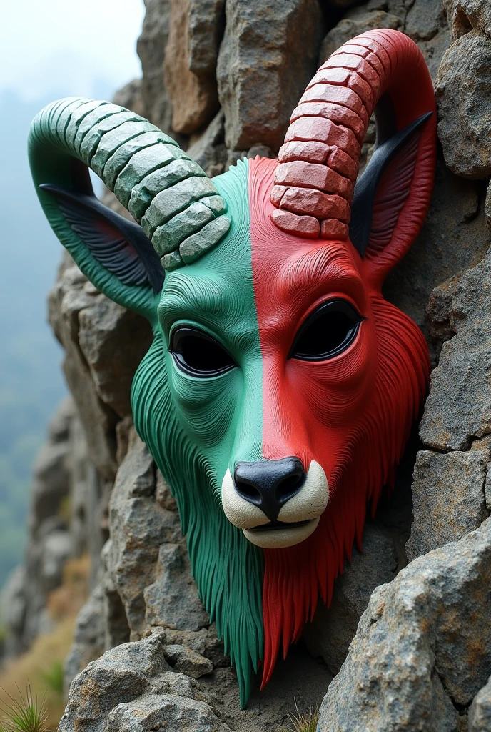 Draw a 2D mask with hollow eyes to cut out of a mountain goat with long, rounded horns, half of the mask's face is the Pakistan flag