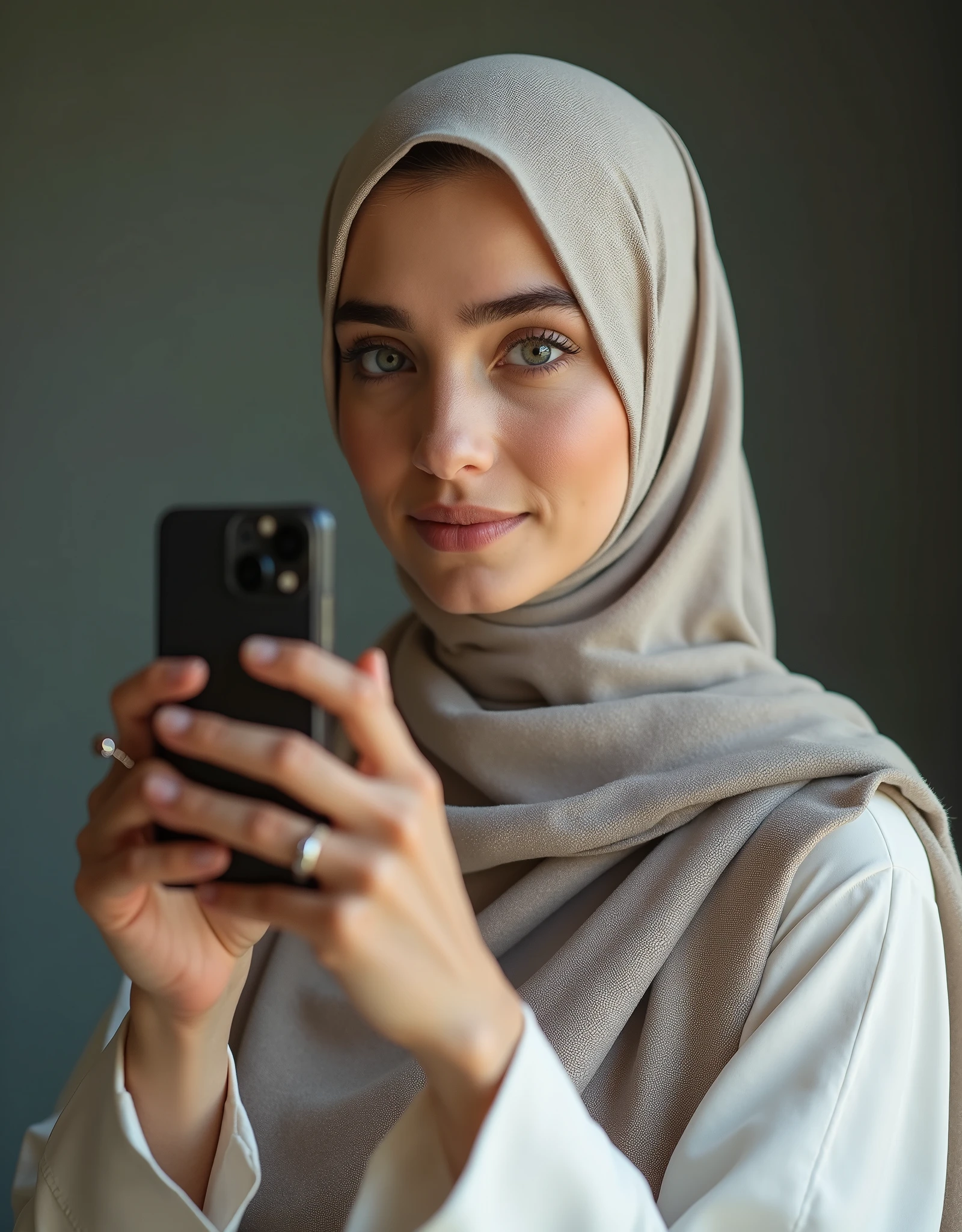 Woman dressed as a Muslim with the face of actress Kendra Spade, taking selfie with front camera