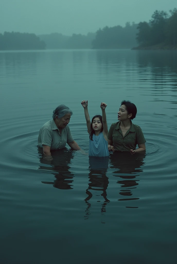 Deep Lake, Three people drown at the same time, Cry, elderly mother wife and little daughter in clothes, at a distance from each other, calling for help, daughter raise hands, heads are visible