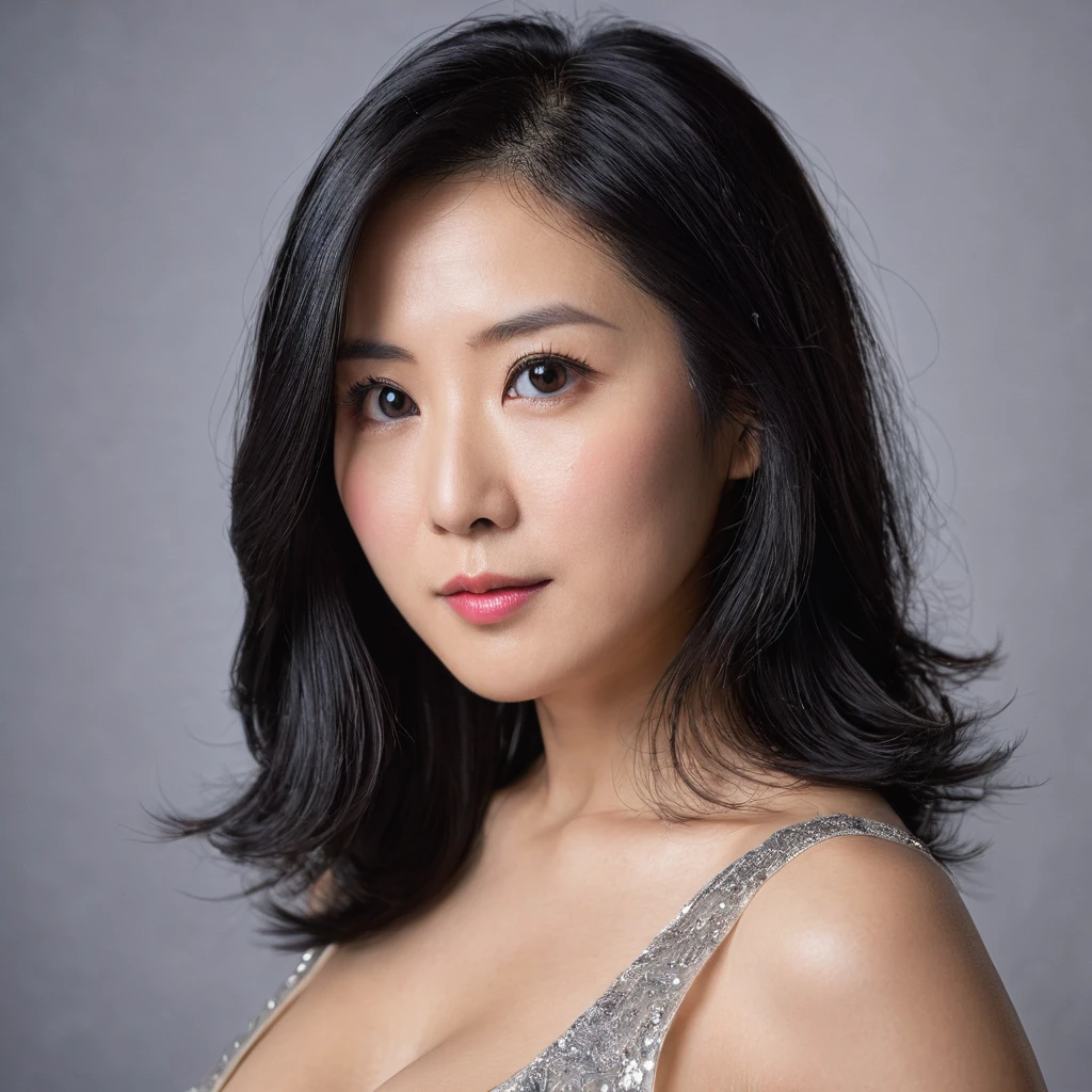 Yui, photo of age 30 year female, black shoulder length hair, big breasts; (rim lighting, studio lighting), (dslr, ultra quality, film grain, Fujifilm XT3, crystal clear, 8K UHD, highly detailed glossy eyes, high detailed skin, skin pores);