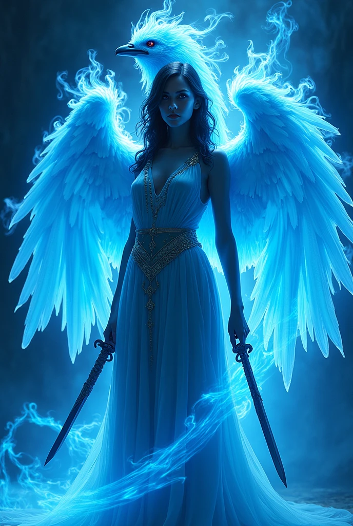 Draw a phoenix, mix blue flames, mix with a beautiful woman, blue flames, holding two weapons, middle angle, see the face and torso.