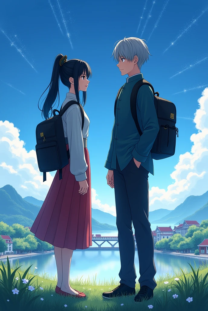 It is an anime style novel cover. There is a beautiful and slender woman with black hair tied in a ponytail and a black bow. She carries a backpack on one arm and wears a Chinese uniform. Her face is indifferent, but her face is beautiful, but she does not smile. And there is a man next to her with gray hair, an ordinary face, wearing the same Chinese uniform. She carries a backpack on one shoulder. She seems to be a country boy with a warm smile and a sweet smile and stands on the grass. The height is different. Under the sun and sunlight shining with stars and a clear blue sky and a beautiful and beautiful view in front, you can see the entire city and the entire village. It is sparkling and beautiful. It is an anime style cover that can be sold. It is interesting and attractive. It is beautiful and beautiful to the point of being astonishing.