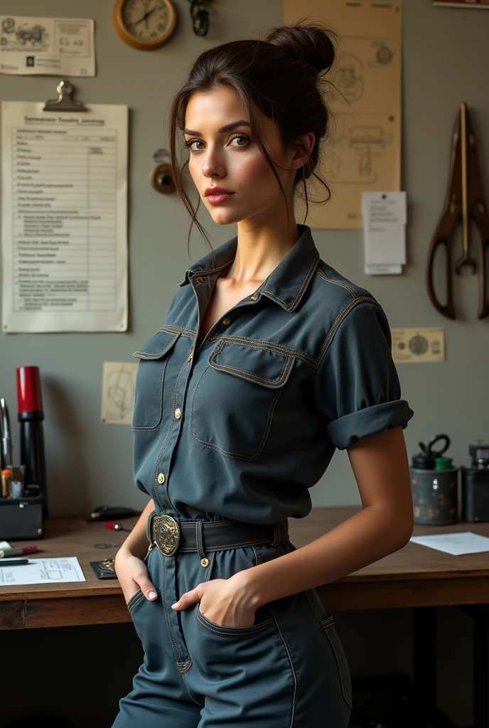 A beautiful female mechanic wearing work clothes, with an elegant hairstyle, a wall with work notes, and a tidy desk.