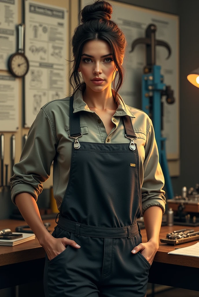 A beautiful female mechanic wearing work clothes, with an elegant hairstyle, a wall with work notes, and a tidy desk.