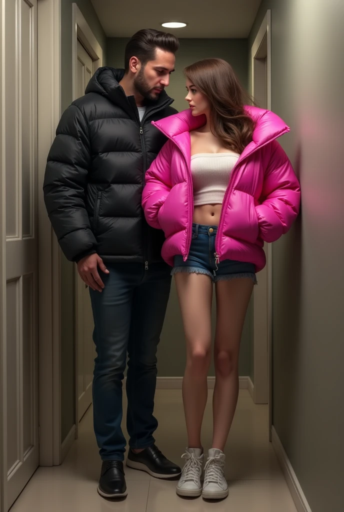 Life-size plastic sex doll and man, The doll has brown hair, Doll wears white bandeau top and blue short jeans and sneakers. Doll wearing a thick pink shiny down jacket. Doll has big breasts. Man wearing a black down jacket. Man stands in the hallway and has picked up a doll. He lifts her under her hips and carries her. Doll is very stiff with her posture