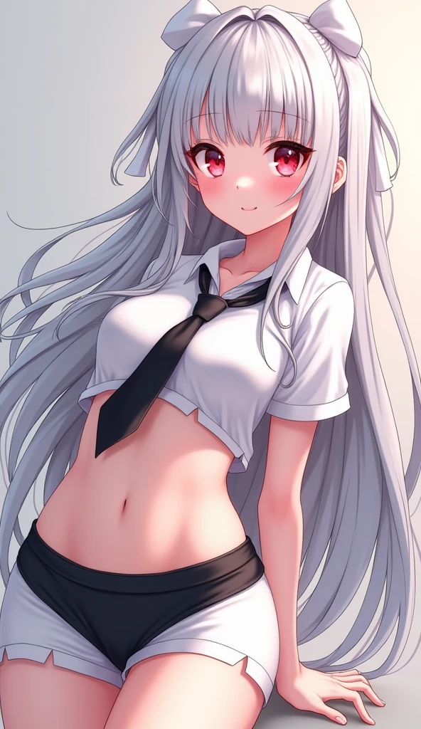 anime girl with long white hair, red eyes, white ribbon on the back of her head, wearing a short collared shirt, black tie, white black short skirt , belly exposed , catoon , nsfw , revealing small white pants
