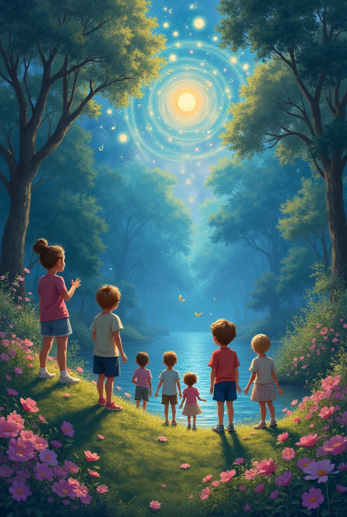 Children fall in love with music galaxy children cheering back view Monet garden