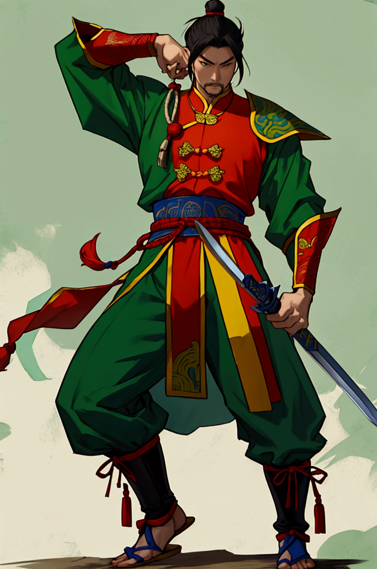 Cao Cao,man,Wearing Chinese warrior costume,holding a sword,stand,Put on the green Chinese warrior shoes