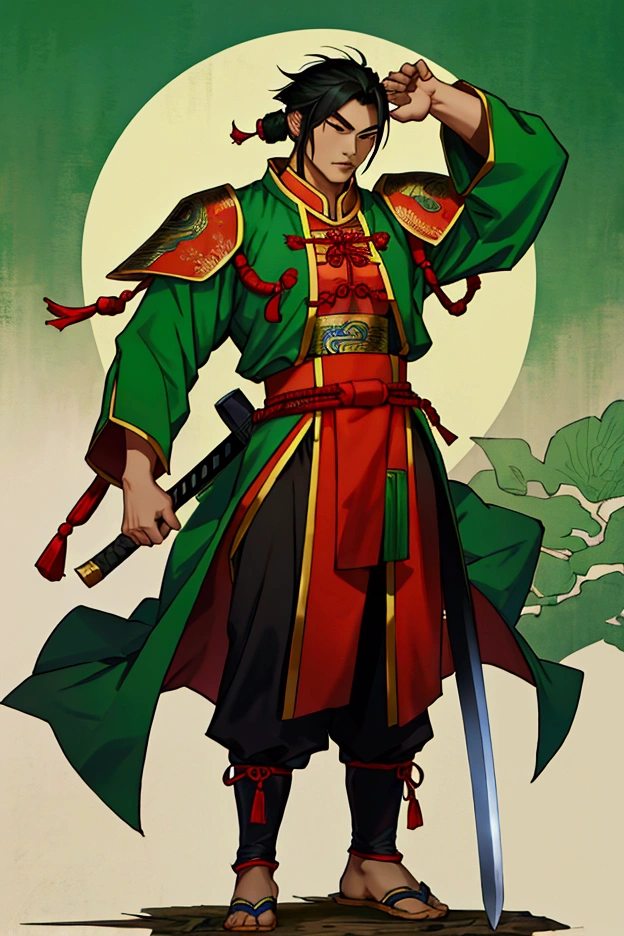 Cao Cao,man,Wearing Chinese warrior costume,holding a sword,stand,Put on the green Chinese warrior shoes