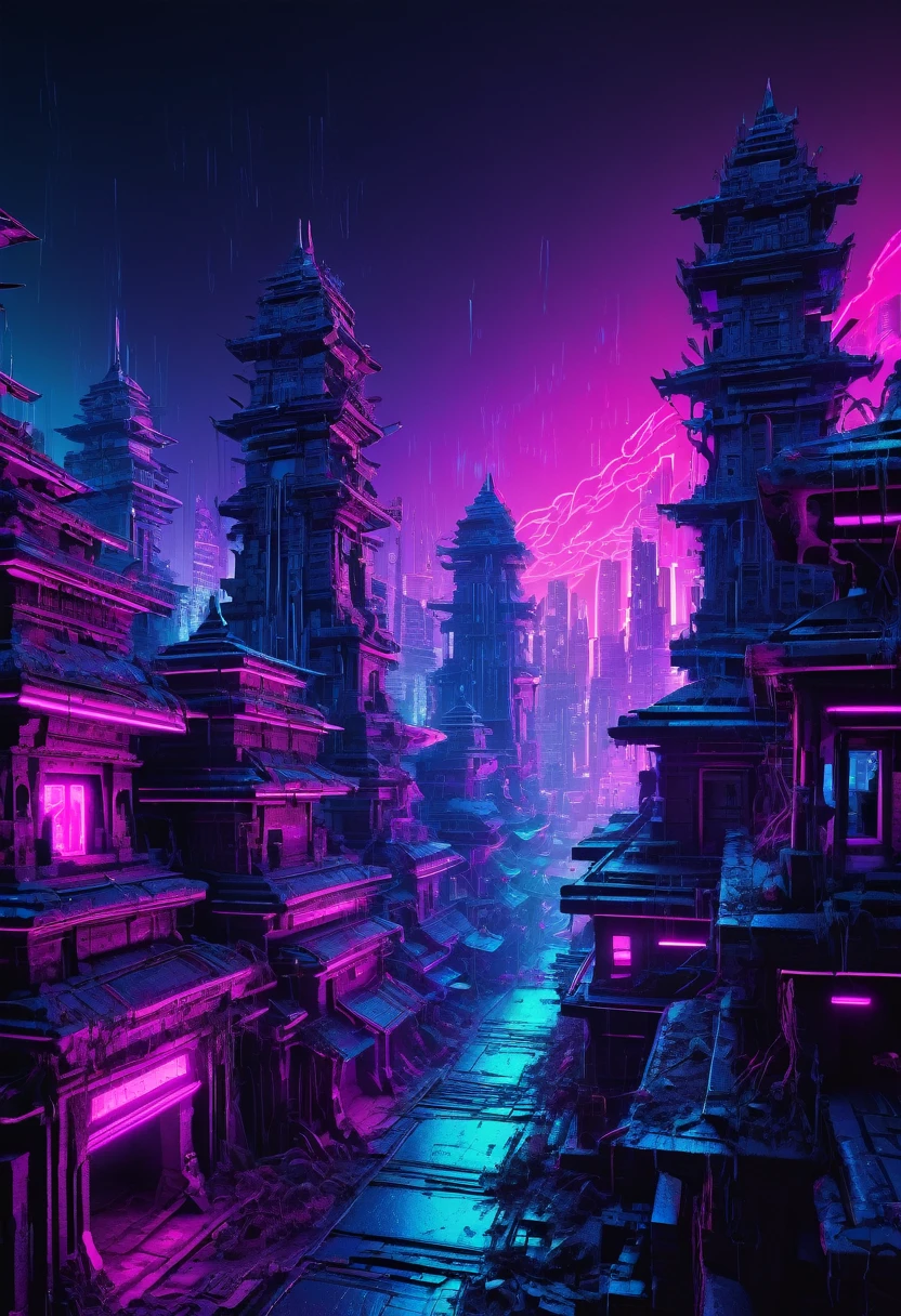 T-shirt design, a 3D digital model of a futuristic tribal cityscape with rain forest and ruins of broken ancient temples and skulptors tribals and shamans on the street cryptic trybal symbols glowing in neon lights, in the style of a cyberpunk aesthetic, neon blues, purples, and pinks contrasting against the darker architectural structures, cityscape takes up the lower two-thirds of the frame with the night sky filling the rest, black background --ar 3:4 --v 5.2