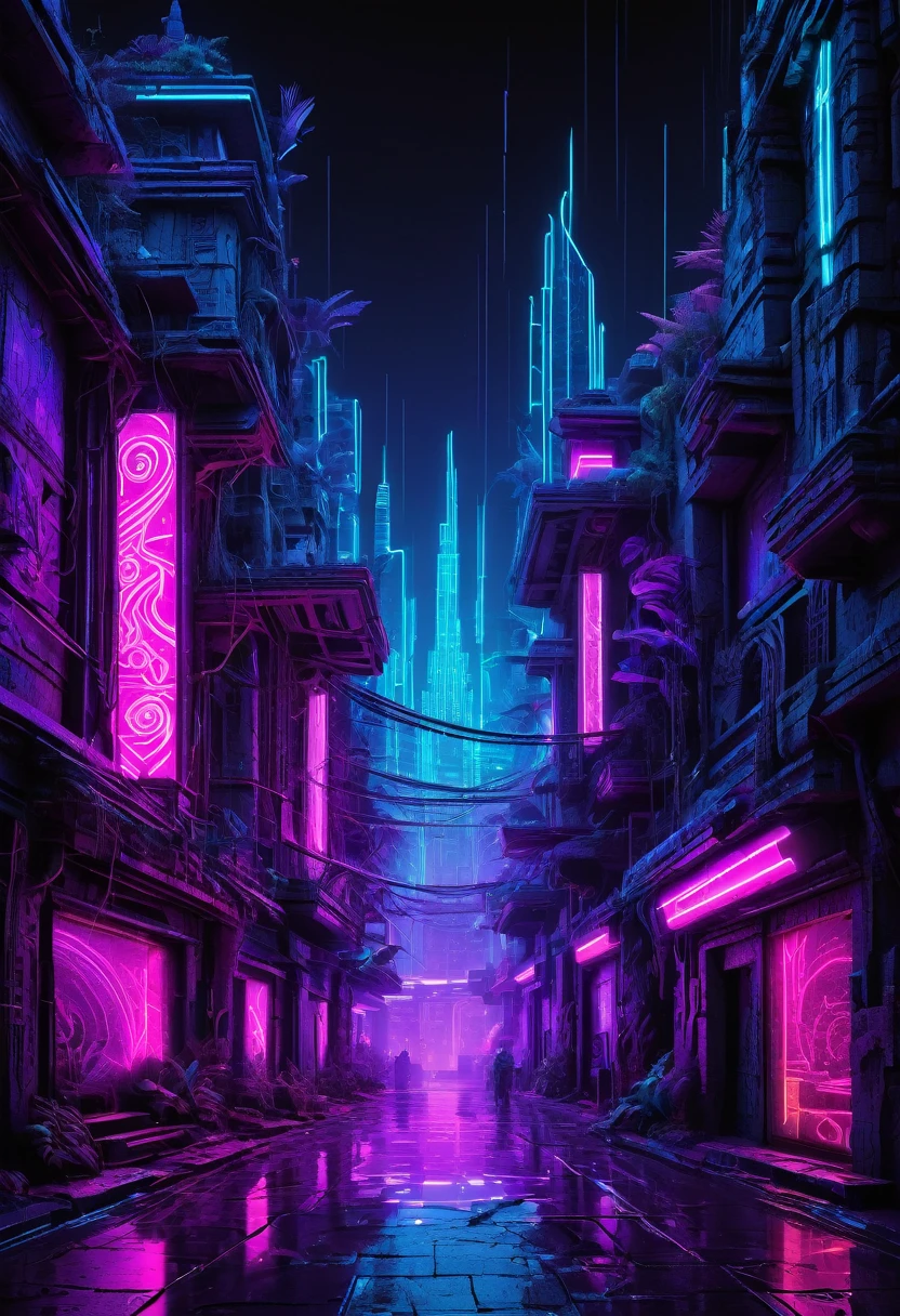 T-shirt design, a 3D digital model of a futuristic tribal cityscape with rain forest and ruins of broken ancient temples and skulptors tribals and shamans on the street cryptic trybal symbols glowing in neon lights, in the style of a cyberpunk aesthetic, neon blues, purples, and pinks contrasting against the darker architectural structures, cityscape takes up the lower two-thirds of the frame with the night sky filling the rest, black background --ar 3:4 --v 5.2