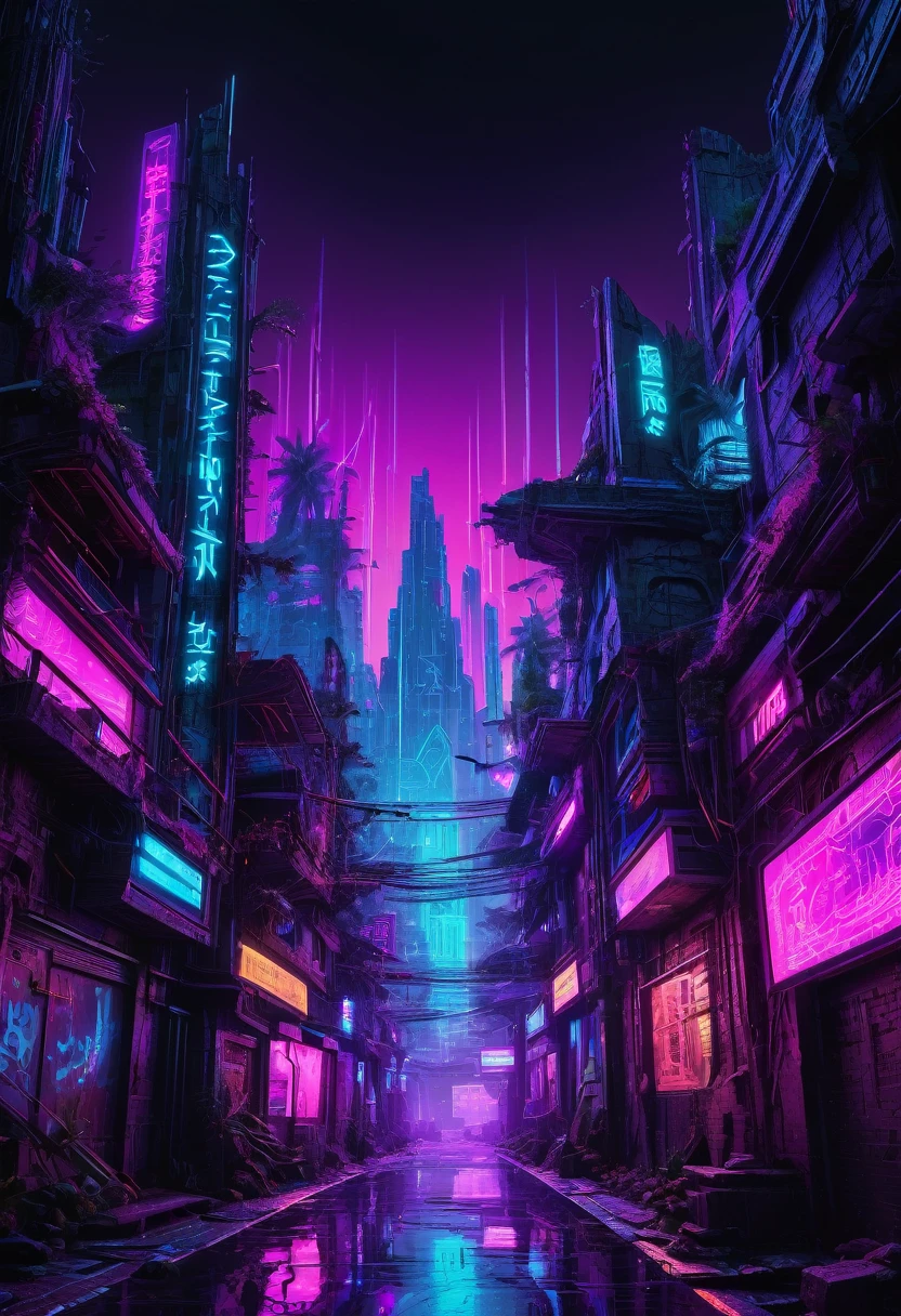T-shirt design, a 3D digital model of a futuristic tribal cityscape with rain forest and ruins of broken ancient temples and skulptors tribals and shamans on the street cryptic trybal symbols glowing in neon lights, in the style of a cyberpunk aesthetic, neon blues, purples, and pinks contrasting against the darker architectural structures, cityscape takes up the lower two-thirds of the frame with the night sky filling the rest, black background --ar 3:4 --v 5.2