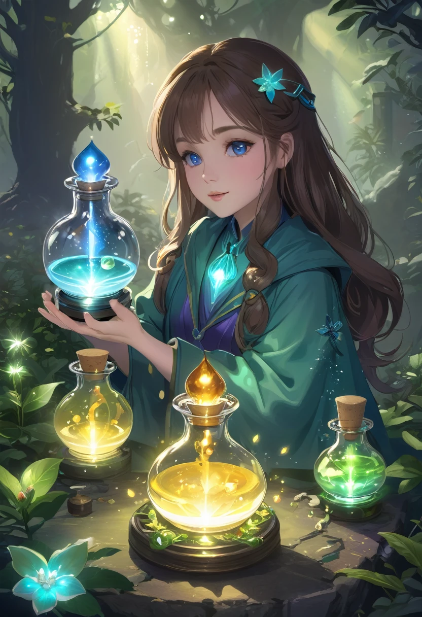 A set of magical potions with magical properties that can be used to heal someone。Light shines through。
