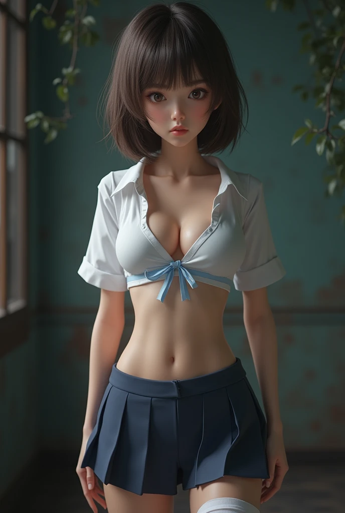 Camisa blanca、Bragas negras、bent over、llorando、triste, Teary, Tetas colosales、cuerpo muy delgado、schoolwear、kokomi, de perfil, pezones marcados, pecho desnudo