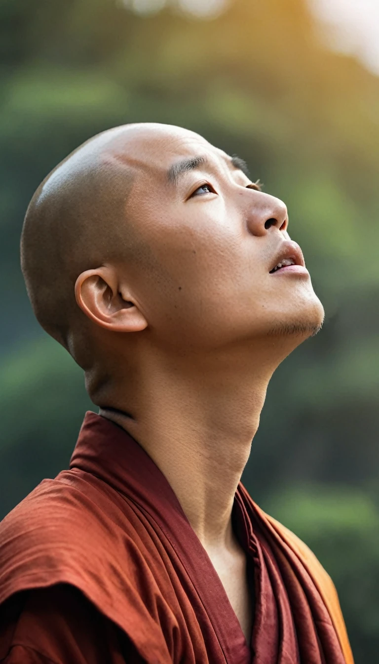 a soft and compassionate young Chinese monk, bald, looking up into the sky, seems sad, natural day light background, he is learning from the master sincerely, but has many questions unanswered.