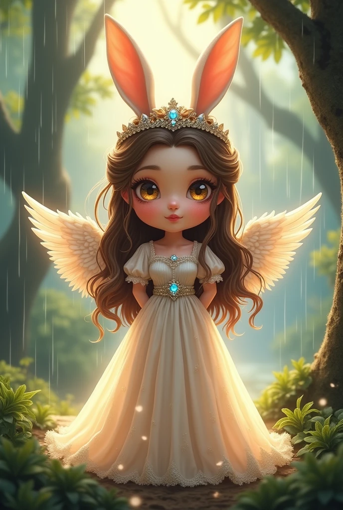 1girl, woman of the Renaissance,very bright light, pouting,jwy1,((see-through)), {beautiful and detailed eyes}, ((hands behind back)),sumptuous jewel, tiara, wet, rainy forest, 18 yo,(angel_wings),CHIBI,1 girl,wonyounglorashy,rabbit ears,long dress,long hair, hair