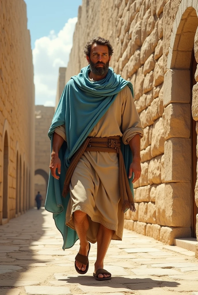 A 50-year-old man with fair skin and blue eyes, beard and brown hair, of 1.80 bone-colored tunic dress, short coffee skirt, sandals and sky blue cloak is on the streets of Jerusalem in the 1st century, Walking next to an imposing wall of large ochre-colored stones