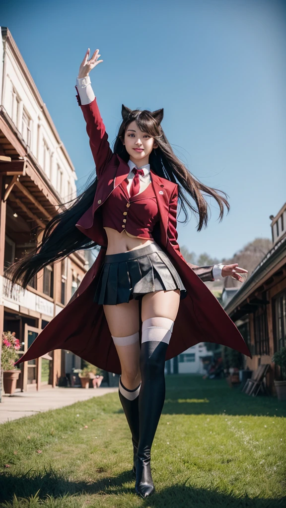 A horse girl with a height of 167 cm and a beautiful bust of D cup. Long straight cut hair in a light chestnut color. Dark blue eyes with upturned corners, like foxes. Beautiful eye makeup. Neat nose and mouth. Clear and shiny skin. Well-groomed hands and feet. Slim figure like a model. An overwhelming smile. On the grass of the racetrack.、Running at full speed with palms outstretched, with horse ears on his head(Human ears are hidden by hair and cannot be seen)
A gorgeous red and black tailcoat with a horse tail attached to the tailbone, a ribbon on the chest, a mini skirt, and black knee socks.