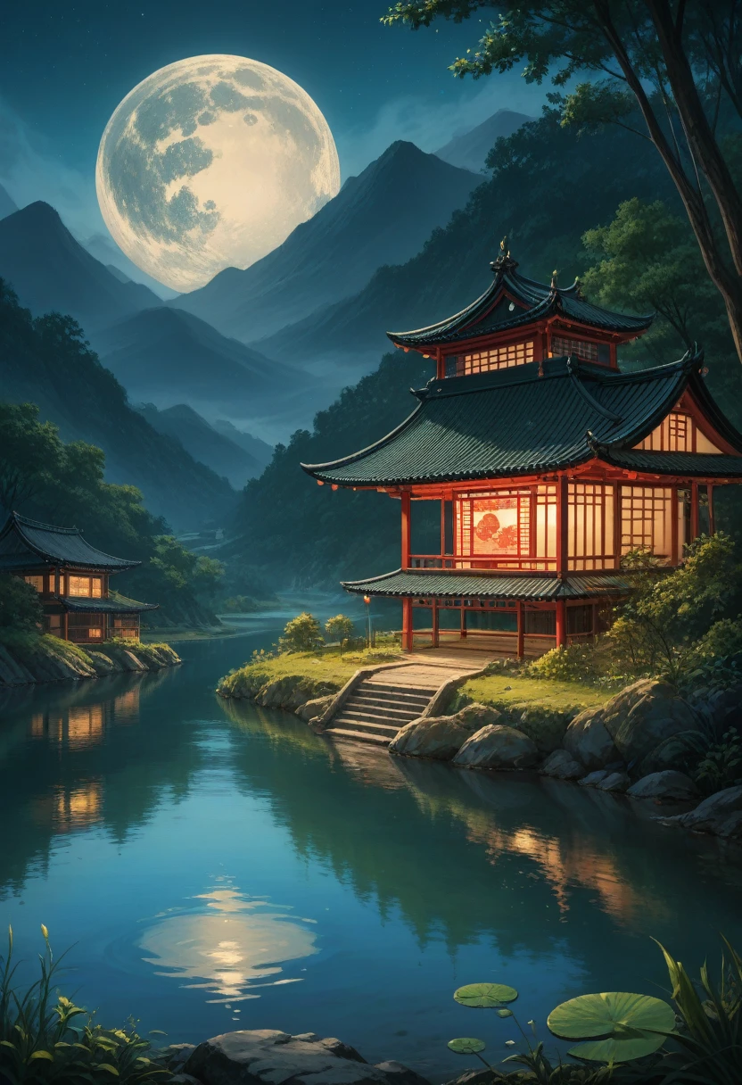 night scene with some house asian, vietnam, viet nam, ha giang, moon, lake in the foreground, calm night, green and blue, digital illustration, 4k highly detailed digital art, night scenery, anime art wallpaper 4k, anime art wallpaper 4 k, 4k detailed digital art, nighttime nature landscape, anime art wallpaper 8 k, background artwork, beautiful art uhd 4 k, 4 k hd illustrative wallpaper