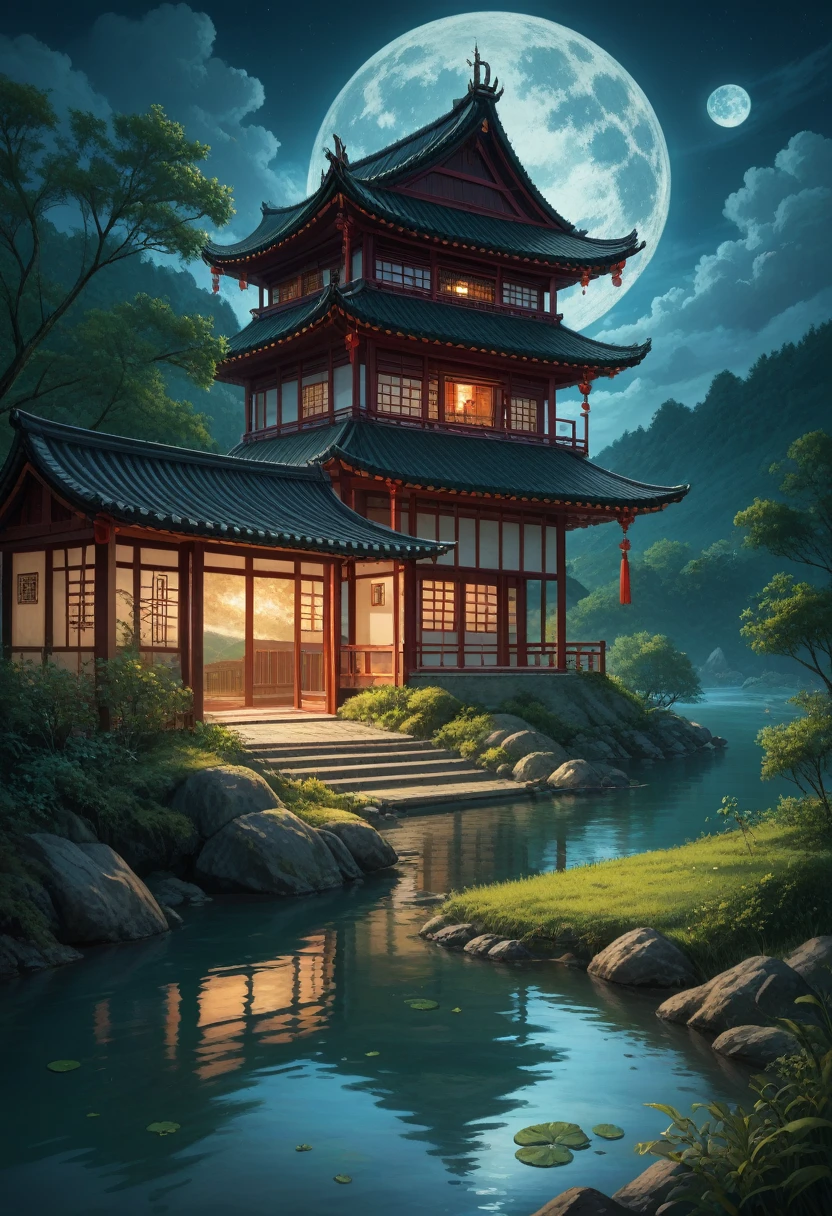 night scene with some house asian, vietnam, viet nam, ha giang, moon, lake in the foreground, calm night, green and blue, digital illustration, 4k highly detailed digital art, night scenery, anime art wallpaper 4k, anime art wallpaper 4 k, 4k detailed digital art, nighttime nature landscape, anime art wallpaper 8 k, background artwork, beautiful art uhd 4 k, 4 k hd illustrative wallpaper