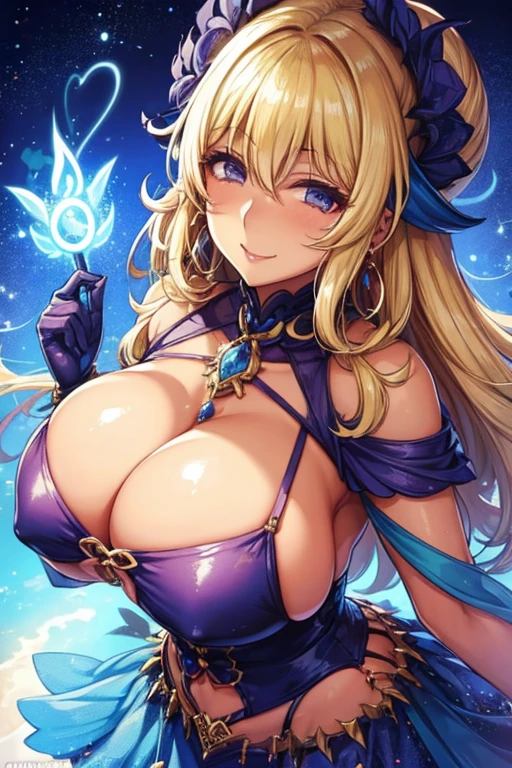 Sorceress milf, looking at viewer with very happy and cheerful frown expression, smile in her eyes, big breasts, colourful magical dress