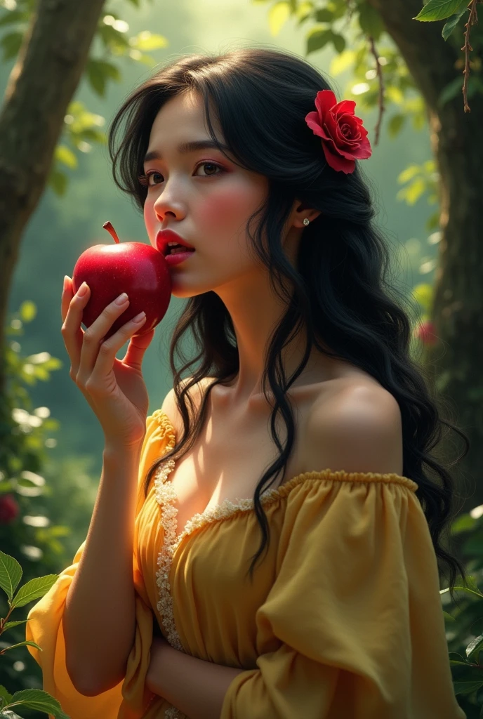 snow white, ultra realisitic, eating an apple