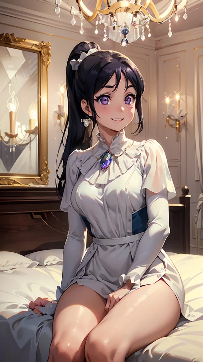 kanan matsuura, blue hair, long hair, ponytail, (purple eyes:1.1), -- --(8K, Raw, Highest Quality, Real 1.2), Ultra High Quality, High Resolution, Highest Quality, Perfect Face, Perfect Limbs, Perfect Fingers, High Resolution, (Beautiful Anime Face, Cute Face, Detailed Face), Smile of Joy, Smiling Expression, Lying on Bed, Cowboy Shot, Miniature Human Hand, (((medium Bust 1.3))), (((Slender Thighs 1.3))), Pure White Chalk Interior, Pure White Marble Interior, ((Pure White Bedroom Like a Western Castle: 1.5)), (((Luxurious Pure White Canopy Bed: 1.4)), (((Chandelier: 1.4))), ((Pure White Bed 1.5)), ((Beautifully Decorated Bedroom 1.5)), ((Modern Style Bedroom 1.5)), perfect anatomy, perfect proportions, nice lighting, bright colors, clean lines, information, blurred, stunning facial expression, restless emotions, gorgeous and pretty, beautiful face and eyes in every detail, (masterpiece) beautiful face, young and handsome girl, really perfect skin, blurred, stunning facial expression, restless emotions, gorgeous and pretty, beautiful face and eyes in every detail, (Audrey Hepburn), (cute), (J-POP idol), (thighs, (depth of field), (depth of field), soft light, glittering lens gaze, (droopy eyes), straight teeth, shy smile, flowing hair, a scene from Blake's movie,