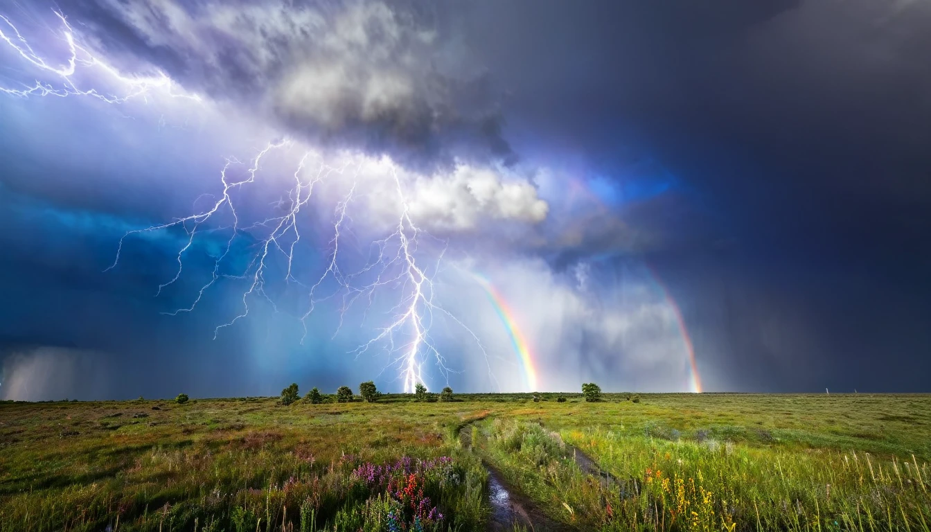 photorealistic, a lightning alongside a very wide and colorful rainbow hits the meadow at the same place, dark cloudy sky