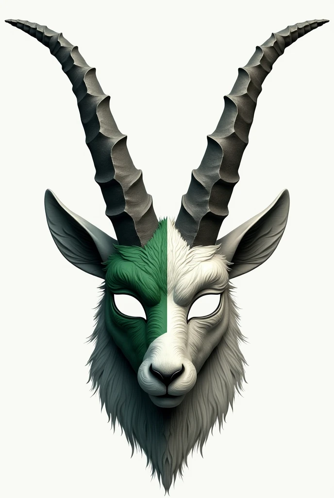 Draw a 2d mask, on white background, with hollow eyes to cut out of a mountain goat with long, rounded horns, half of the mask's face is the Pakistan flag