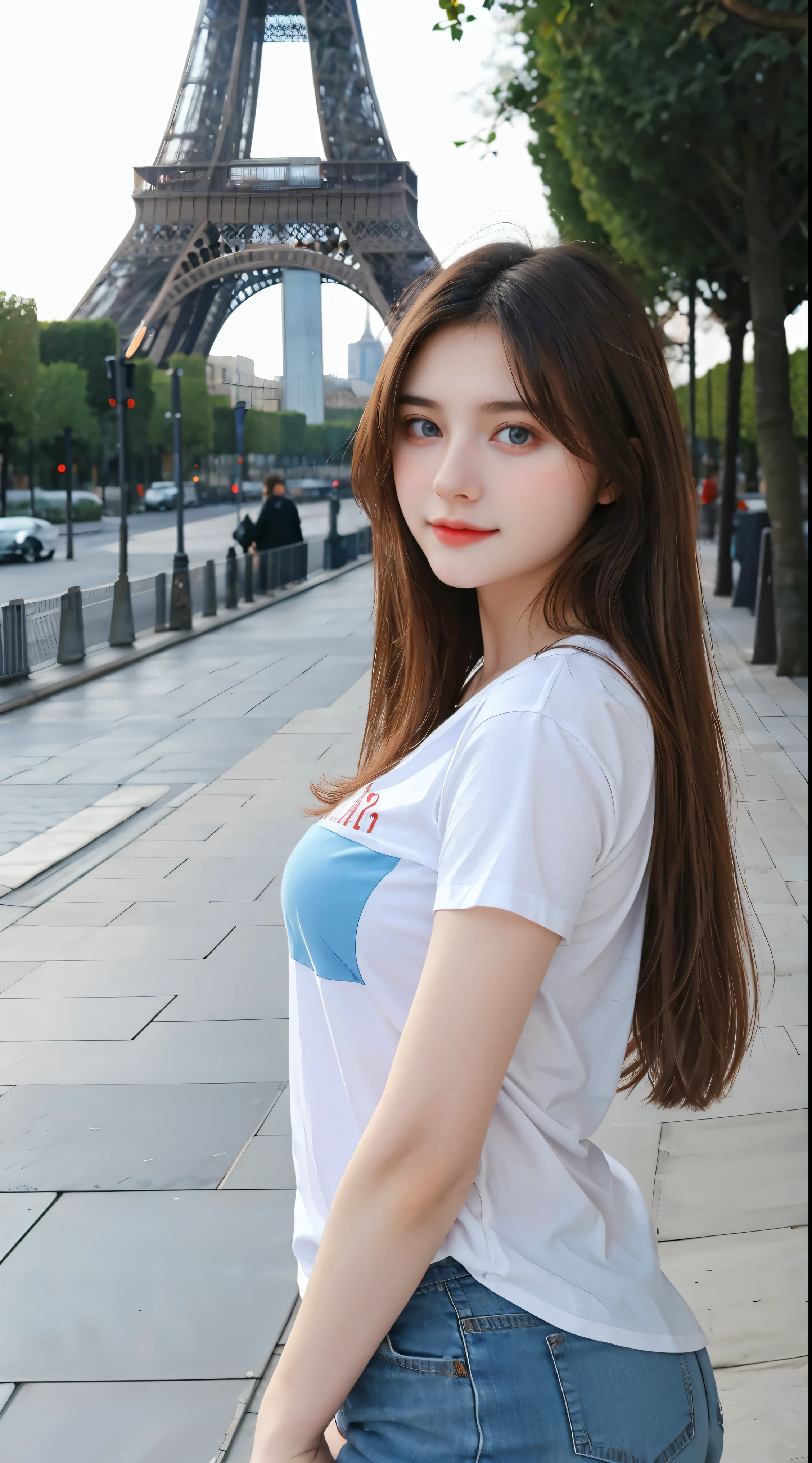 Gorgeus Girl, Beautiful, Baby Face, 20 Years Old, White Skin, Sexy Pose, red shirt, Blue Eye, Bokeh, eiffel tower Background, Masterpiece, Fullbody Shot,