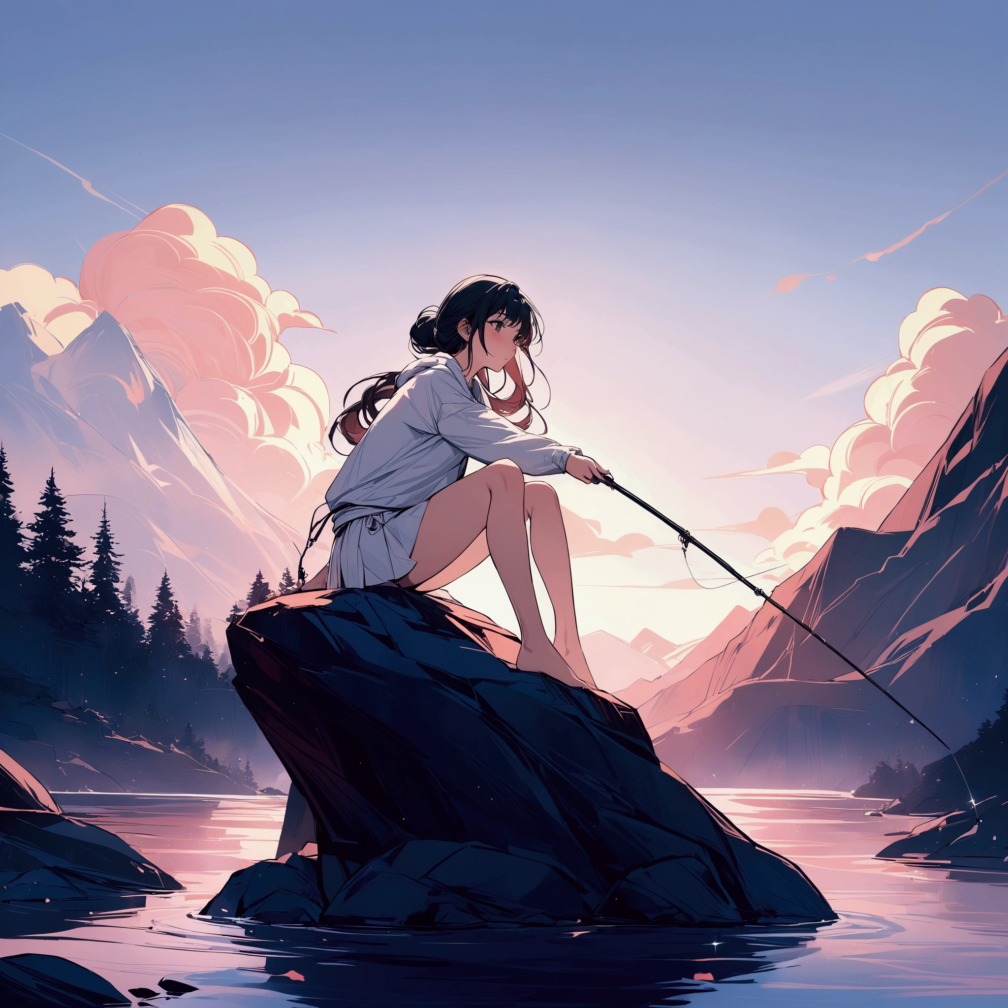 ,{{masterpiece}}, {{{Highest quality}}},{{Very detailed}},Woman sitting on a rock and fishing,A young Chinese-looking female hermit fishing deep in the mountains,White attire, miniskirt,carefree expression
