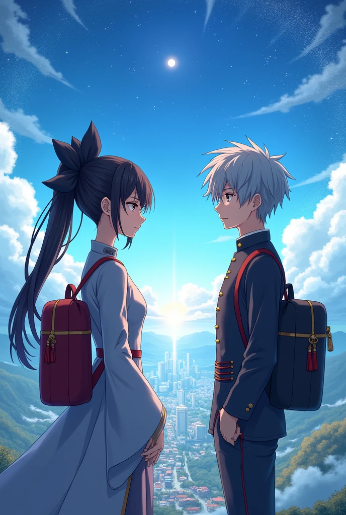 It is an anime style novel cover. There is a beautiful and slender woman with black hair tied in a ponytail and a black bow, carrying a backpack on one arm and wearing a Chinese uniform. Her face is indifferent but her face is beautiful but she doesn't smile. And there is a man next to her with gray hair, an ordinary face, wearing the same Chinese uniform, carrying a backpack on one side, looking like a country boy smiling warmly and sweetly and standing on the grass. Different heights, under the sun and sunlight shining along with the stars and the clear blue sky and the beautiful and gorgeous scenery in front, you can see the entire city and all the villages. It sparkles beautifully and is an anime style cover that can be sold. Interesting and attractive, seeing it is beautiful and stunningly beautiful. Request high-quality anime images, suitable for use as a series cover image, making animated anime.
