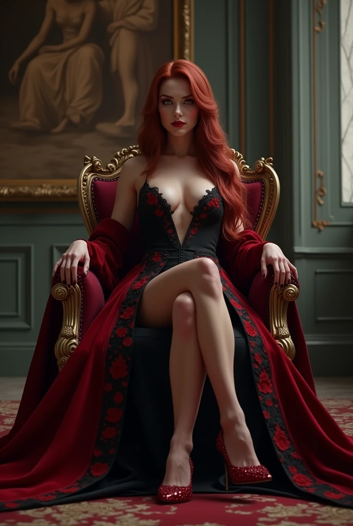 Name: Anna
Age: 35
Gender: Female
Race: Vampire
Appearance: Anna has long, dark red hair and translucent red eyes. Her eyebrows are slender, and her lips are a deep crimson.
Attire: She is dressed in a low-cut, red and black evening gown that accentuates her voluptuous figure and long legs. Her feet are adorned with red gemstone high heels.
Personality: Enigmatic and seductive, Anna exudes an air of allure and mystery.
Scene: Anna is seated on a classical European-style armchair in her home, an ancient European castle. Before her, two vampire servants in black suits kneel in reverence.