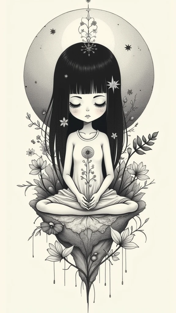 a tattoo illustration, intricate linework, minimalist design, Angelus painting elements, Nirvana Incesticide album influences, black and white, high contrast, clean lines, abstract composition, subtle shading, delicate details, ethereal atmosphere, moody tones, meditative mood, spiritual symbolism 1 cute girl Name Text "🎀 master of universe 🎀 master of universe shin chan