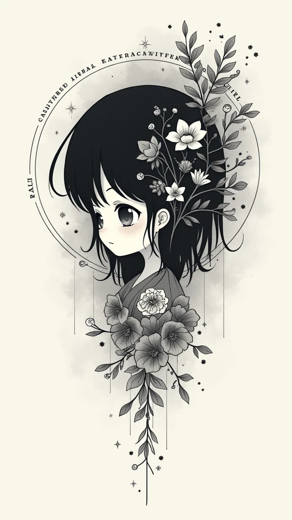 a tattoo illustration, intricate linework, minimalist design, Angelus painting elements, Nirvana Incesticide album influences, black and white, high contrast, clean lines, abstract composition, subtle shading, delicate details, ethereal atmosphere, moody tones, meditative mood, spiritual symbolism 1 cute girl Name Text "🎀 master of universe 🎀 master of universe shin chan