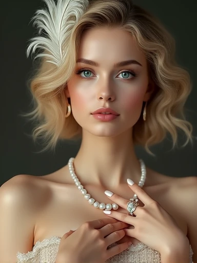 (masterpiece, best quality:1.2),bellissima, realistic, xcharleston style, 1girl, solo, breasts, blue eyes, blonde hair, hair ornament, dress, jewelry, necklace, bracelet, lips, makeup, ring, feathers, lipstick, gem, curly hair, realistic, feather hair ornament, pearl necklace, pearl (gemstone)