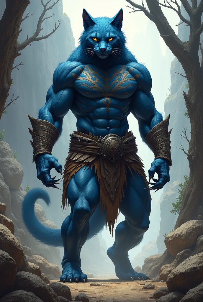 A tall, strong, blue-black cat-man who looks like a warrior.