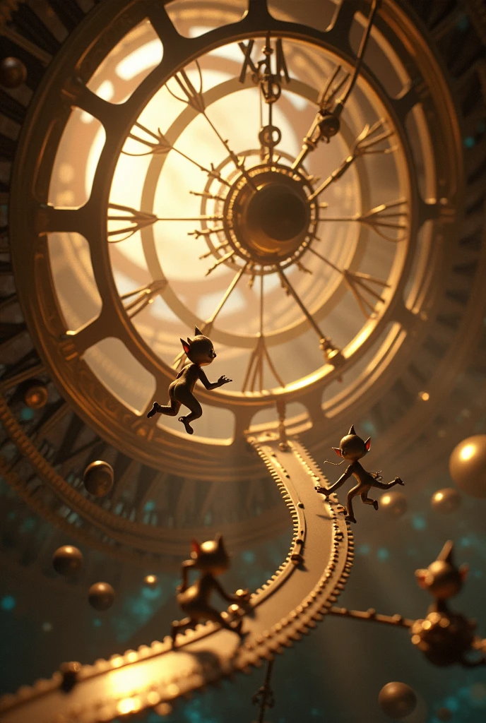 Inside the wall clock，The gears are turning，Aerial，The time elves are chasing the speeding spherical cockpit，Disney，3d，soft，fairy tale，16:9