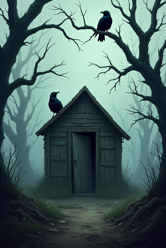 Image Prompt: A haunted-looking area with dry, leafless trees surrounding the hut, and black crows perched on the branches, cawing ominously.