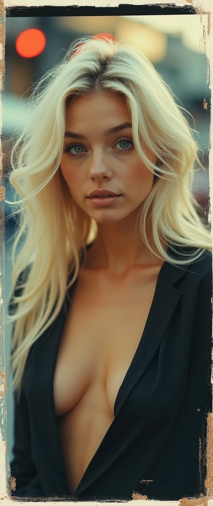Expired Polaroid of a 30 years old girl with light blonde hair , round face and blue eyes in a natta city , Kamerablitz, Deep cleavage, romantic, Jewel tones, Motion blur, natta, blurry and out of focus, Black and white photo, ISO 100