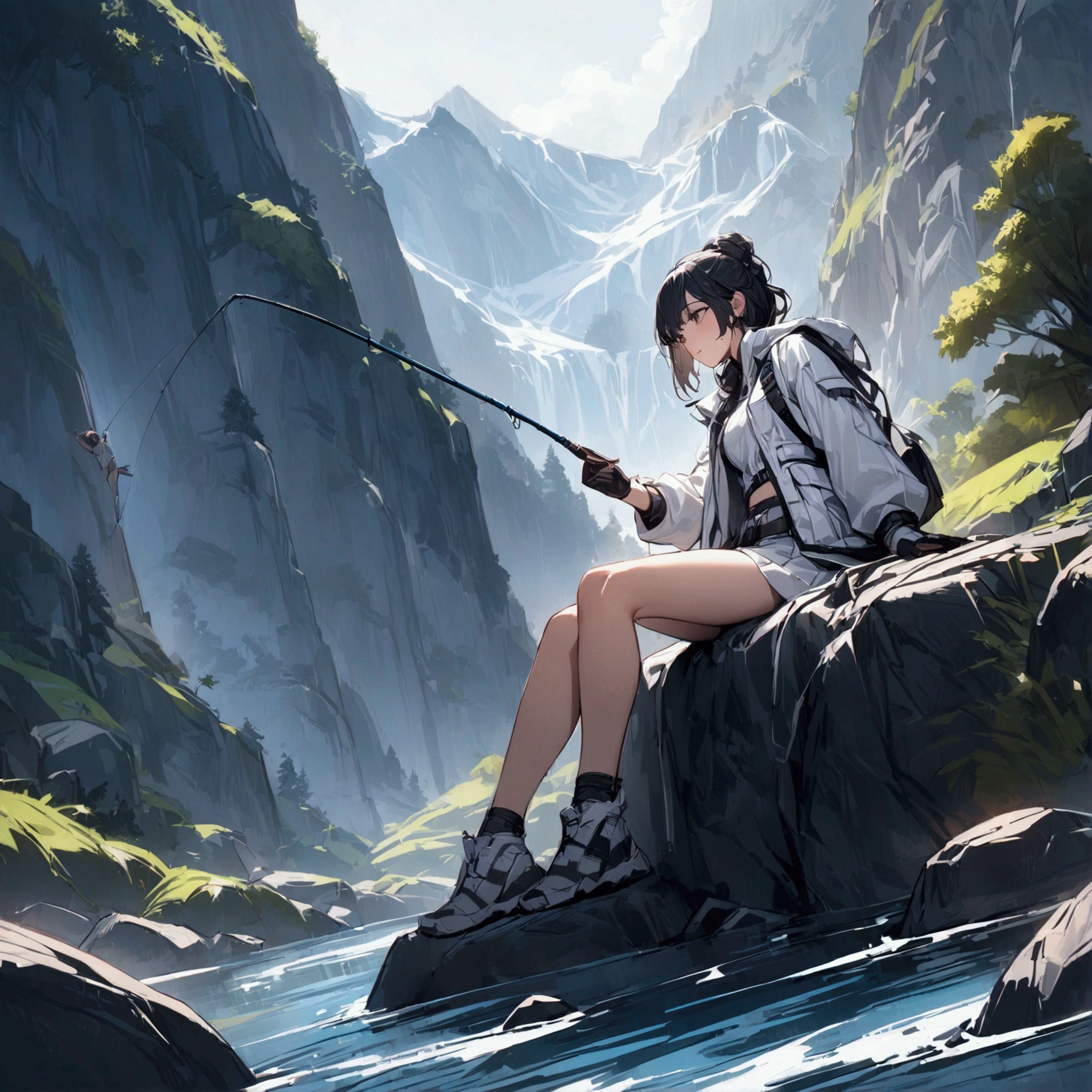 wide angle,{{masterpiece}}, {{{Highest quality}}},{{Very detailed}},Woman sitting on a rock and fishing,A young Chinese-looking female hermit fishing deep in the mountains,White attire, miniskirt,glove