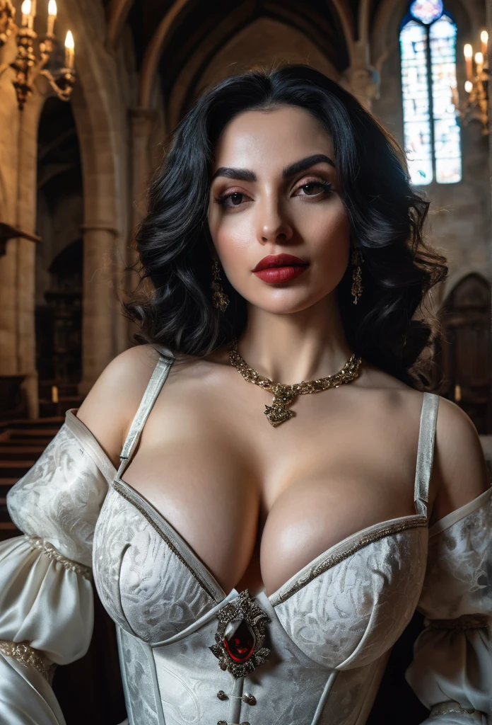 Lady Dimitrescu taking realistic cleavage selfie in her castle wearing large elegant chapel, high detailed skin texture