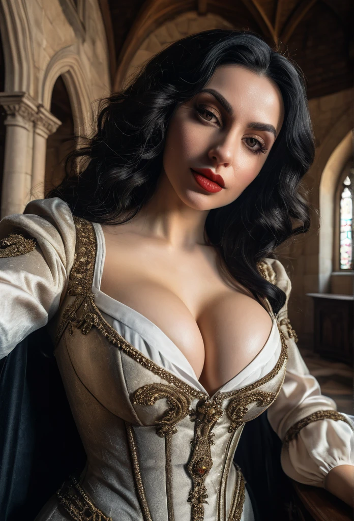 Lady Dimitrescu taking realistic cleavage selfie in her castle wearing large elegant chapel, high detailed skin texture