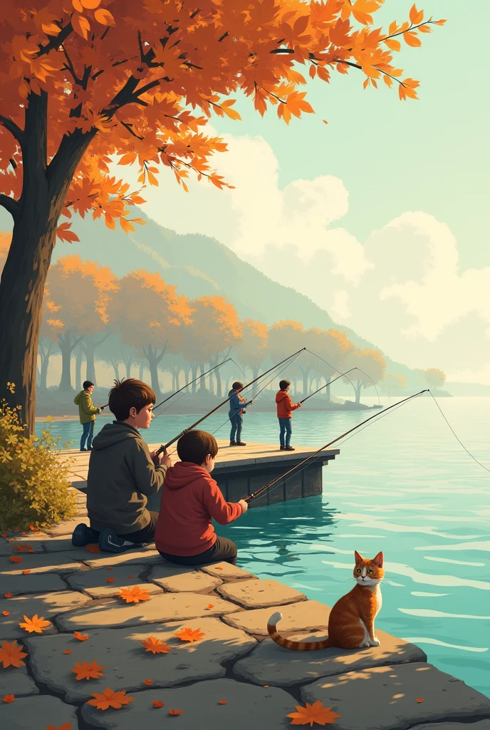 People fishing on the breakwater、The cat is by your side、Warm autumn day