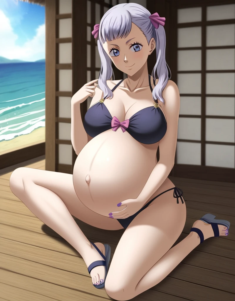 noelle_blackclover, Noelle Silva, Black Clover, long silver hair, waist-length hair, half-up half-down hairstyle, ribbon, soft waves, side-parted bangs, almond-shaped blue eyes, high-quality, ultra-detailed, beast quality, 8K resolution, anime style,
looking at viewer, smile, pregnant belly, large belly, huge belly, big Breasts, Sitting
1girl,solo, indoors, beach, happy, Smiling, rub belly,
full body, Nail polish, Sandals 