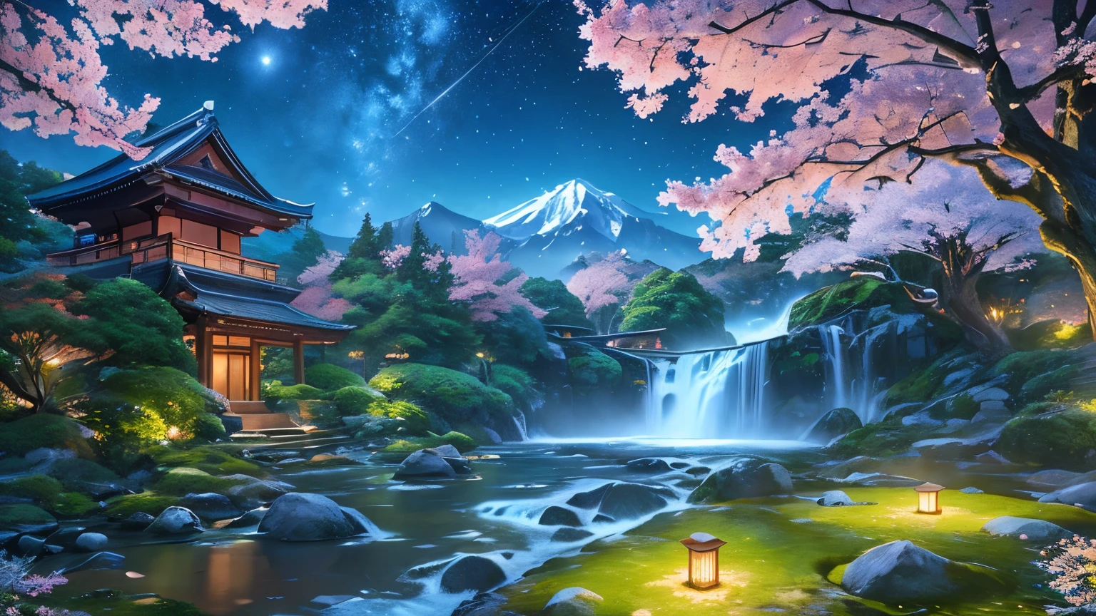 a starry night sky, sakura petals floating in the air, snow-capped mountains in the distance, full moon, intricate japanese architecture, detailed waterfalls, lush green foliage, warm lighting , vibrant colors, ethereal atmosphere, (best quality,4k,8k,highres,masterpiece:1.2),ultra-detailed,(realistic,photorealistic,photo-realistic:1.37),landscape,concept art