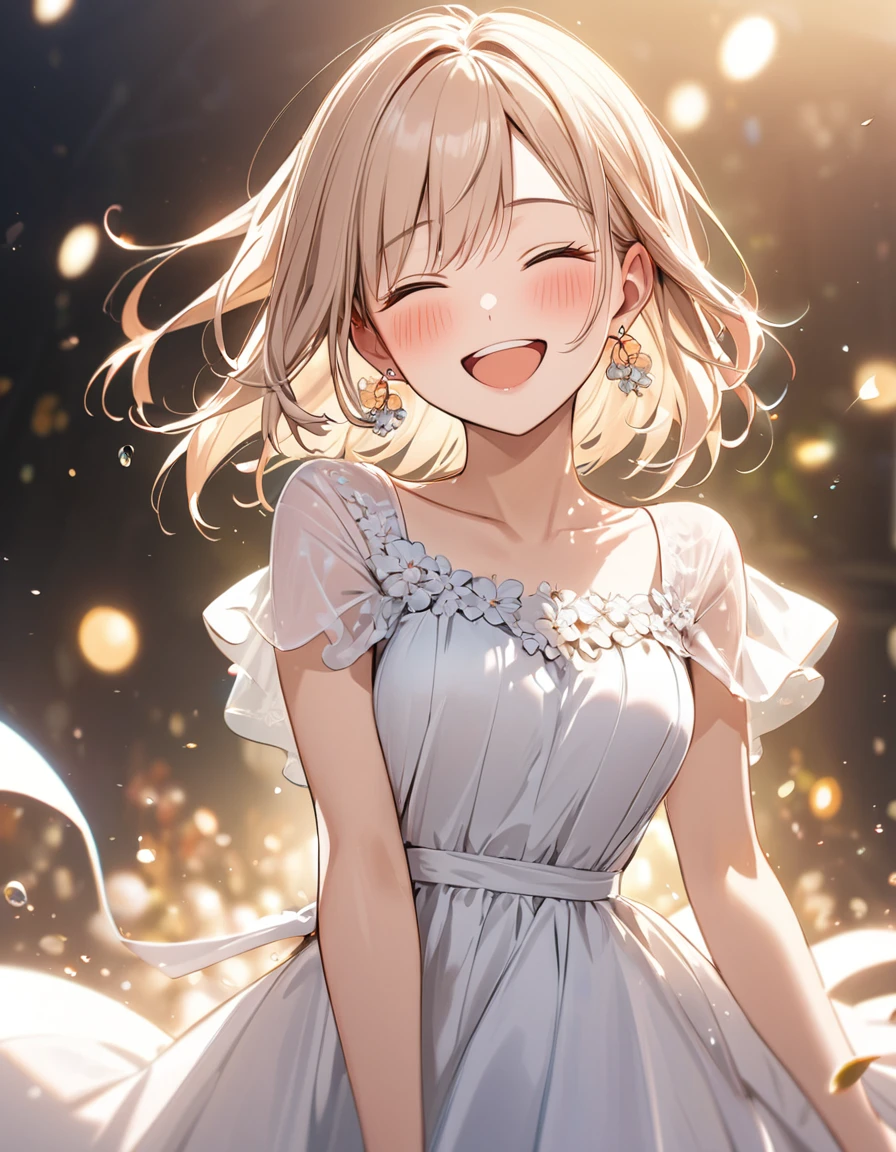 best quality, beautiful, hair tie, 8K, very happy face, close eyes, smile open mouth, blushing, head tilt look view, slim, dress, earrings, concept