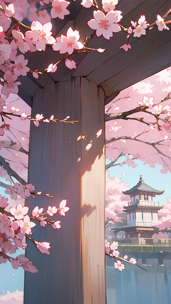 Pink undertone,Anime style,Cherry blossoms,Cherry blossoms树,Simply cute,Pure Landscape,No characters,Q version,Hand Painted