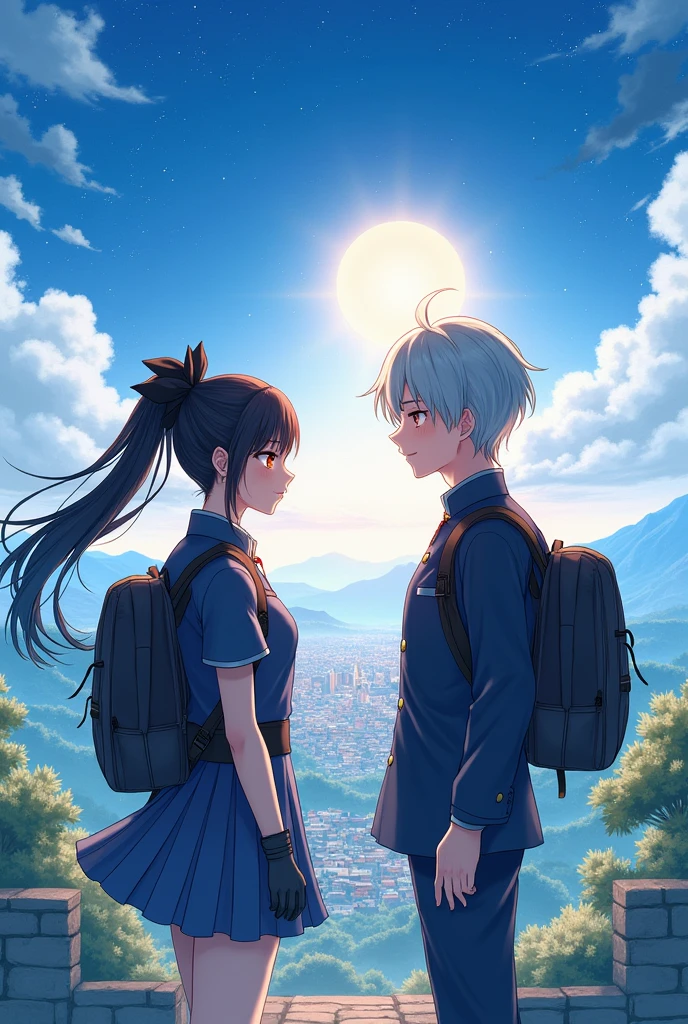 It is an anime style novel cover. There is a beautiful and slender woman with black hair tied in a ponytail and a black bow, carrying a backpack on one arm and wearing a Chinese uniform. Her face is indifferent but her face is beautiful but she doesn&#39;t smile. And there is a man next to her with gray hair, an ordinary face, wearing the same Chinese uniform, carrying a backpack on one side, looking like a country boy smiling warmly and sweetly and standing on the grass. Different heights, under the sun and sunlight shining along with the stars and the clear blue sky and the beautiful and gorgeous scenery in front, you can see the entire city and all the villages. It sparkles beautifully and is an anime style cover that can be sold. Interesting and attractive, seeing it is beautiful and stunningly beautiful. Request high-quality anime images, suitable for use as a series cover image, making animated anime.
