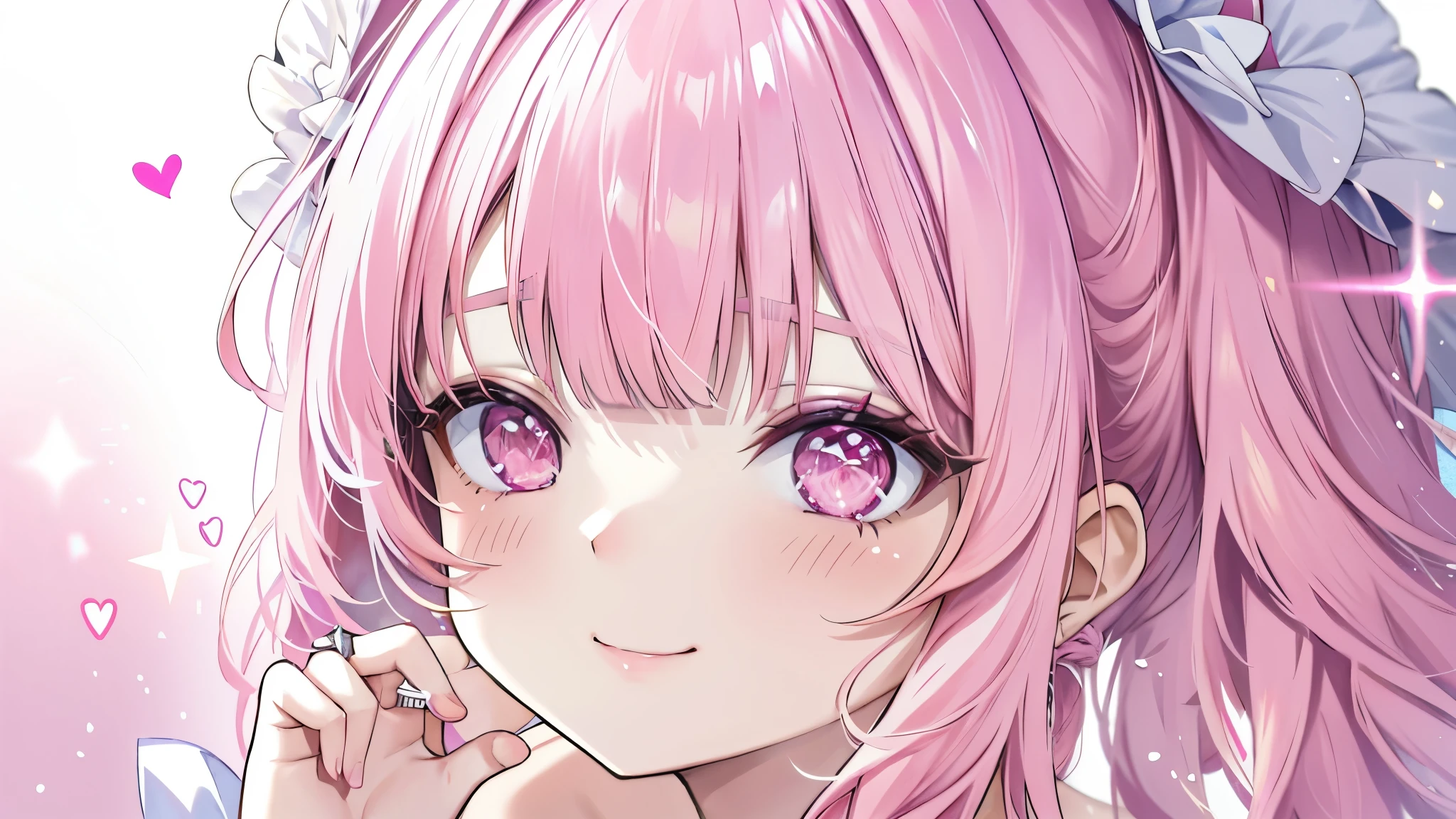 high resolution,smile,woman,woman1人,adult,Clear,cute,Put your hand on your cheek,((Close-up Face)), blunt bangs,Pink Hair,wavy hair,long hair,BREAK, ((Beautiful detailed shining pink eyes:1.2)) Pink eyes,BREAK, White blouse,BREAK, Heart Hairpin,Ring of Hearts,Sparklingのピアス,BREAK, Facing forward,Sparkling,dreamy,BREAK,Pink hearts on a white background,